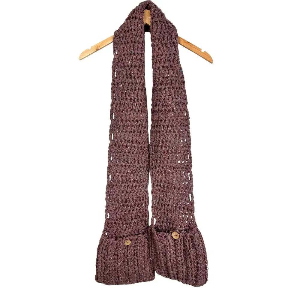 Hand Knit Grandma Wool Blend Soft Chunky Mauve Long Scarf w Pockets Boho Cozy